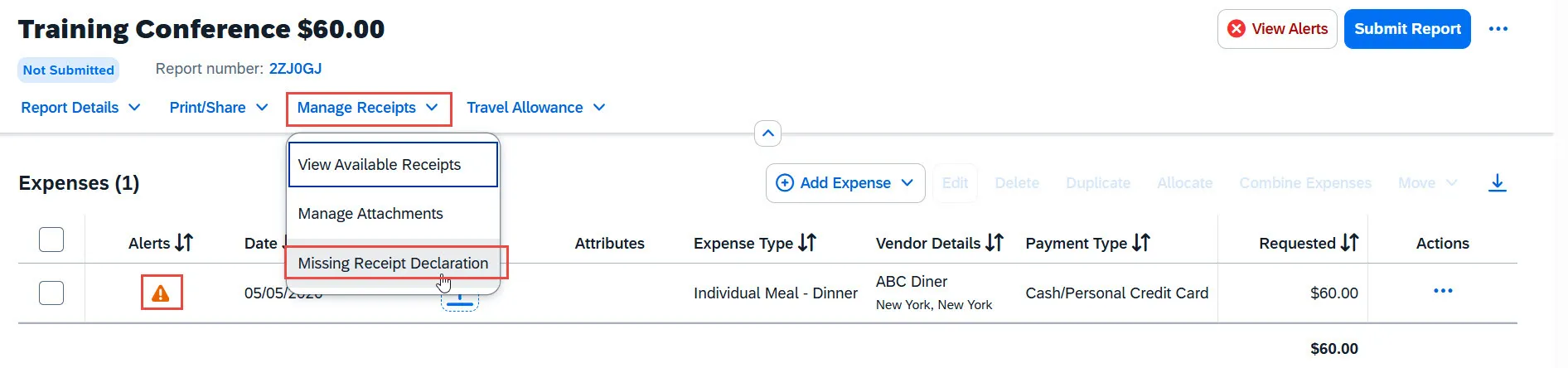 Manage Receipts > Missing Receipt Declaration
