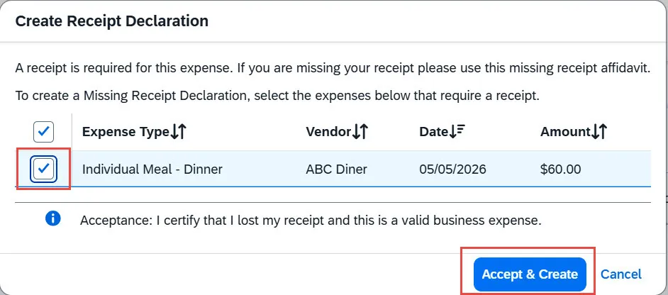 Create Receipt Declaration window
