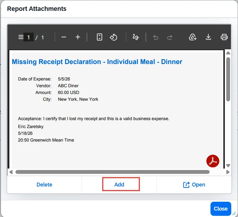 Report Attachments window