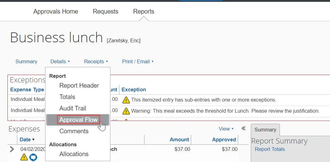 Click the Details dropdown and select Approval Flow.
