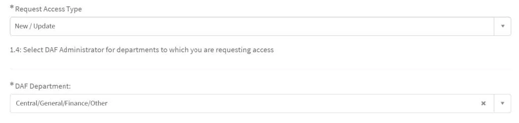 Indicate the Access Type (New/Update or Replace) and the DAF Department.
