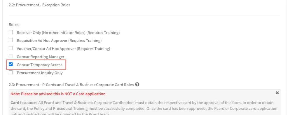 Scroll to the 2.2 Procurement – Exception Roles section and select Concur Temporary Access.