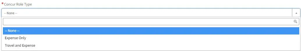 Select the desired Concur Role Type, Expense Only or Travel Expense from the dropdown. 