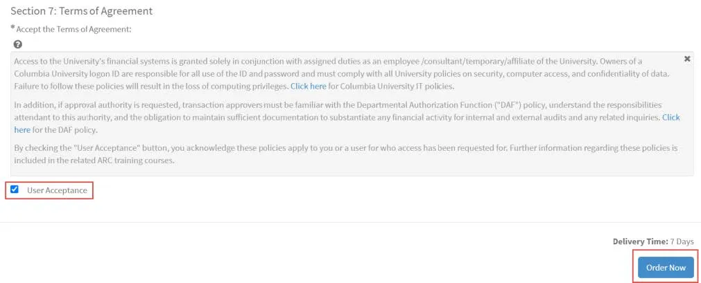 Select the User Acceptance check box and click Order Now.