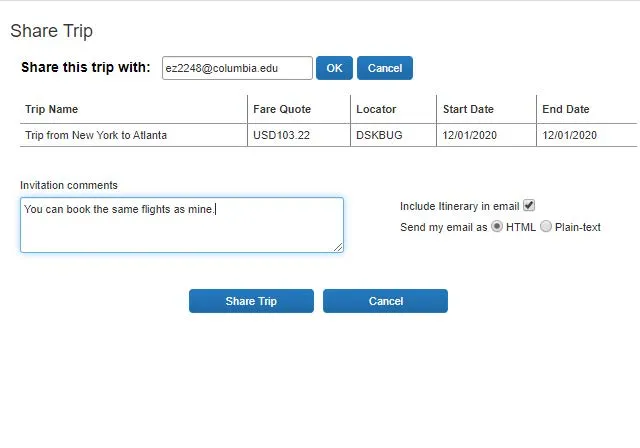 Click Share Trip from the I want to list. The Share Trip screen appears.