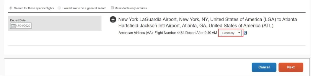 Click Next. The dropdown option appears to select fare class. Select if desired.