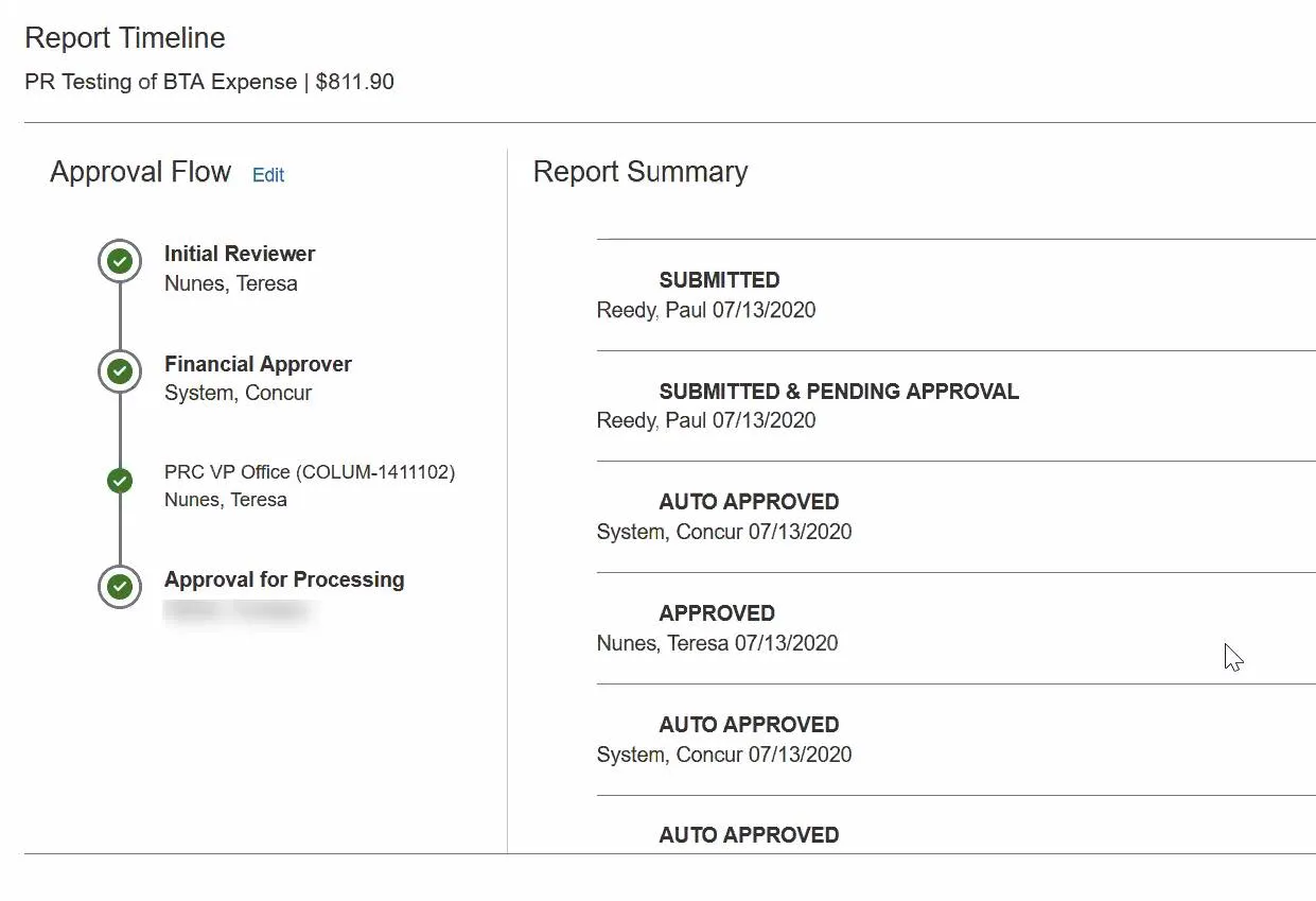 The Report Timeline window displays the Approval Flow with status, including names and the Report Summary displaying workflow activities.