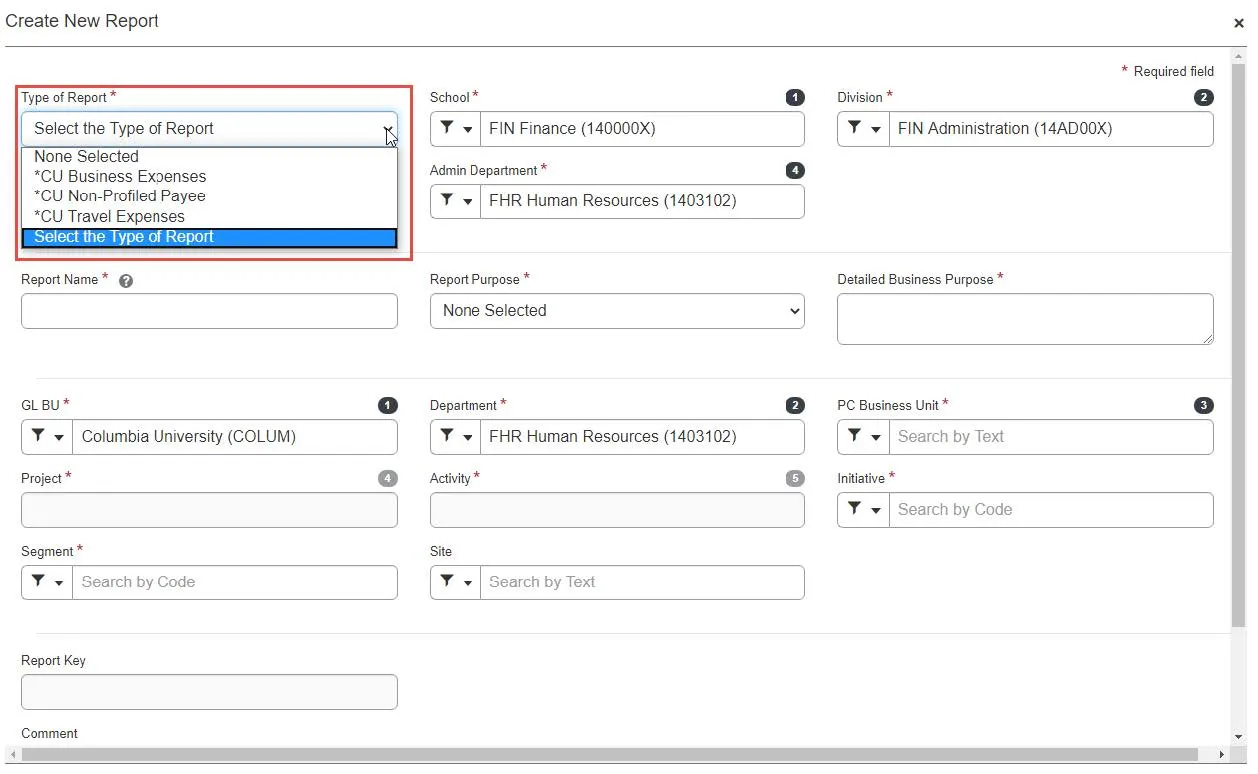 When creating a New Report, the selection for the Type of Report is a required field.