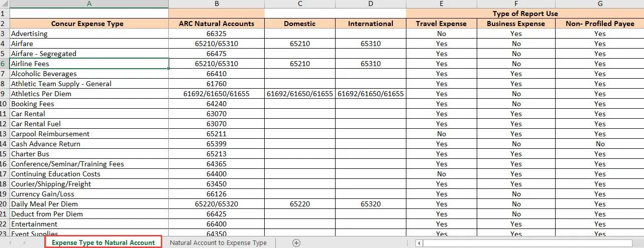 Expense Type/Natural Account Mapping Spreadsheet