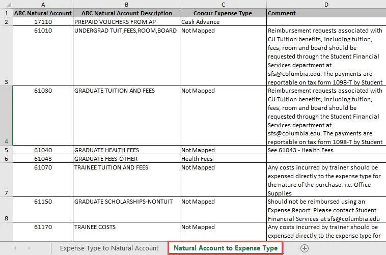 Natural Account to Expense Type Tab