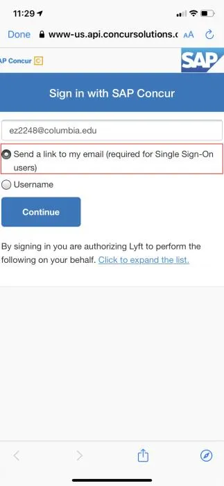 Enter your Columbia email address associated with your Concur account.