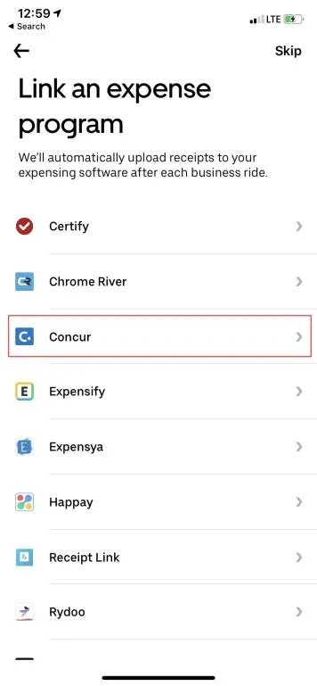 Select Concur from the list of available expense programs. Go to your desktop to complete the process. 