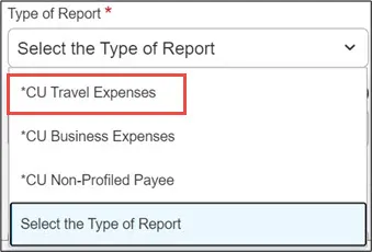 Select Report Type CU Travel Expenses