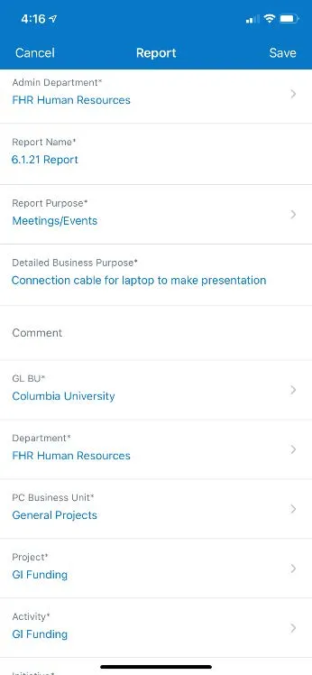 If you selected to add the Expense to a New Report, complete the required Report Details and Save.
