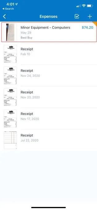 The receipt is now available as an Expense item.