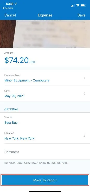 Open the Expense and tap Move to Report.