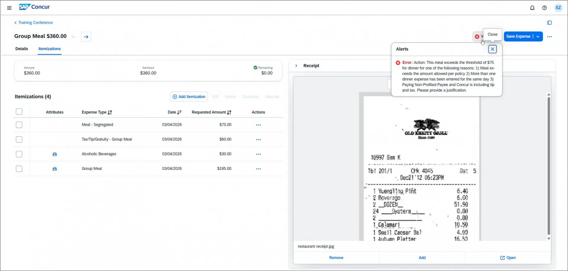 Itemizations with alert