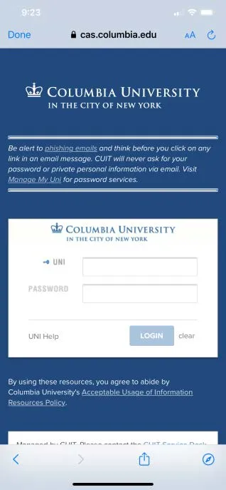 Enter your UNI and Password and select LOGIN.