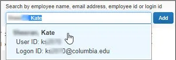 Type your Search using last name, UNI, email, etc. A list of matches appears.