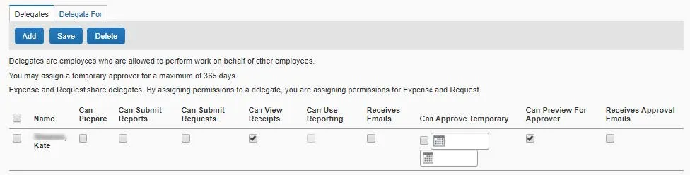 If you are an Approver, you can specify colleagues to view Reports or Requests submitted for your approval but who cannot approve on your behalf.