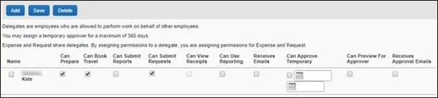 A Travel Delegate is also assigned as an Expense Preparer Delegate.