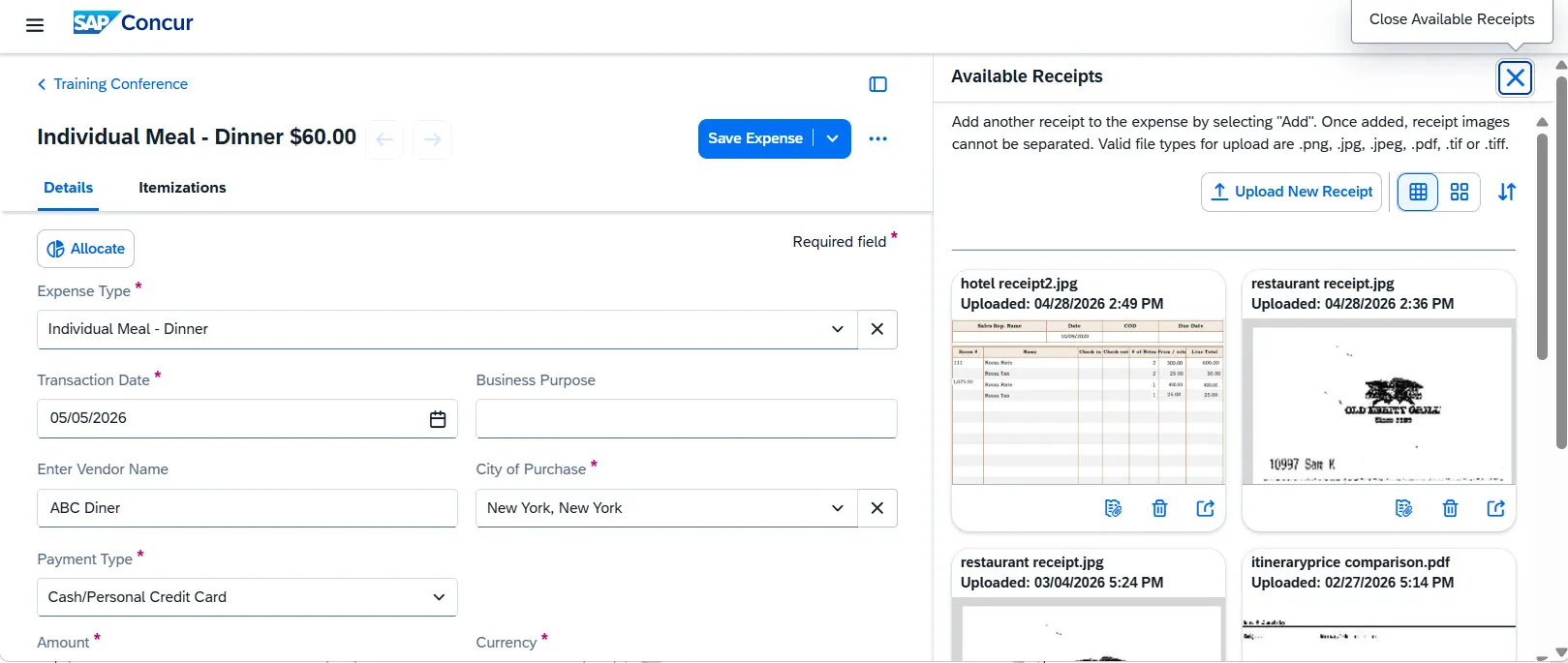 Upload New Receipt and Available Receipts