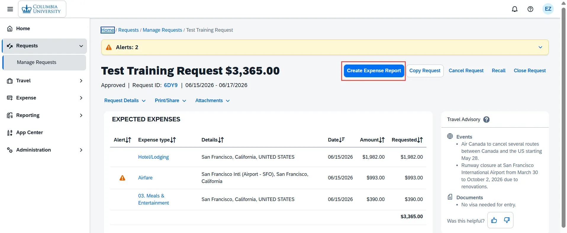 Request screen.