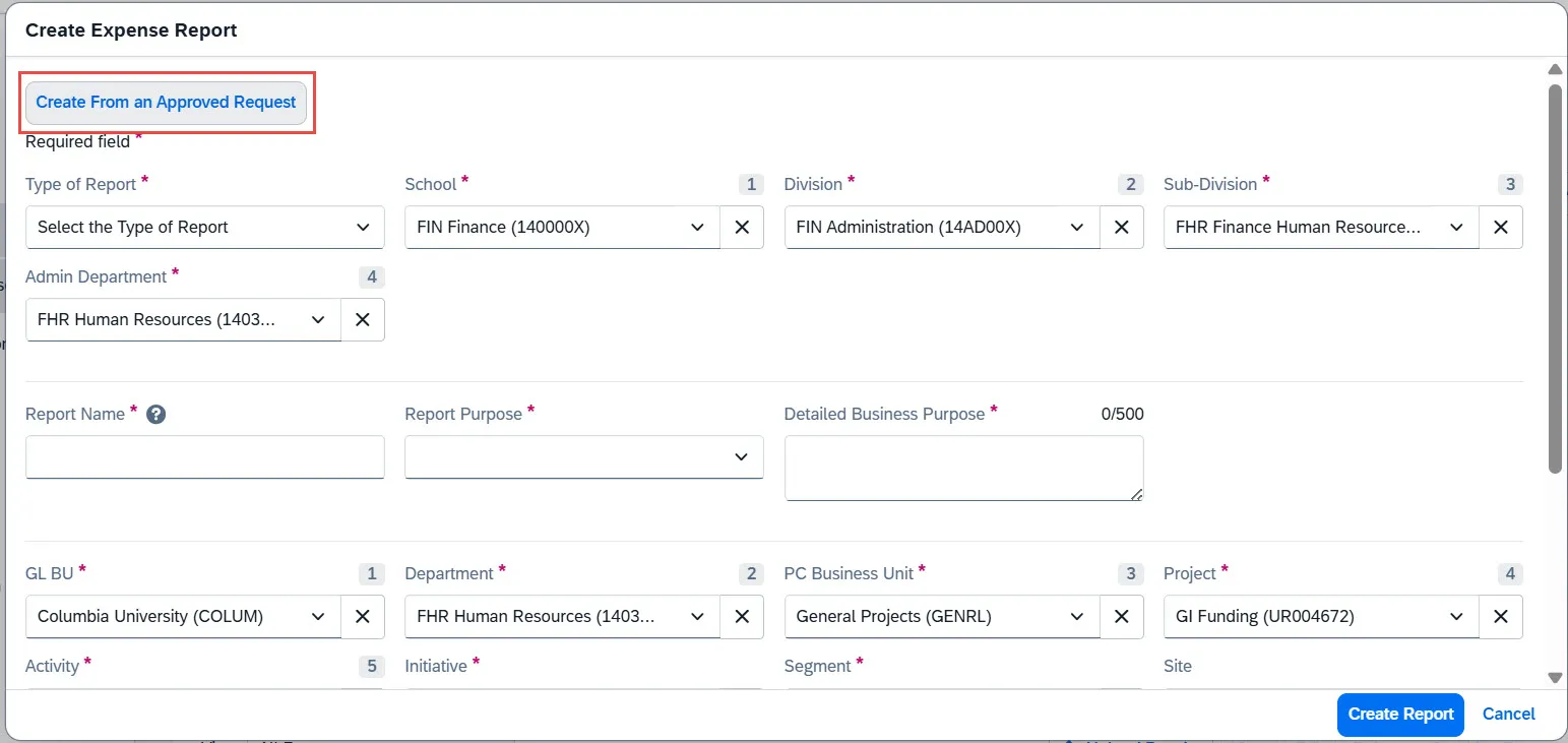 Create Expense Report > Create From an Approvd Request