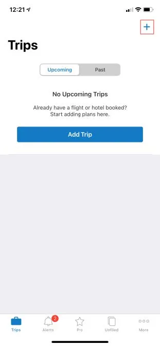 From the Trips folder, tap the + icon.