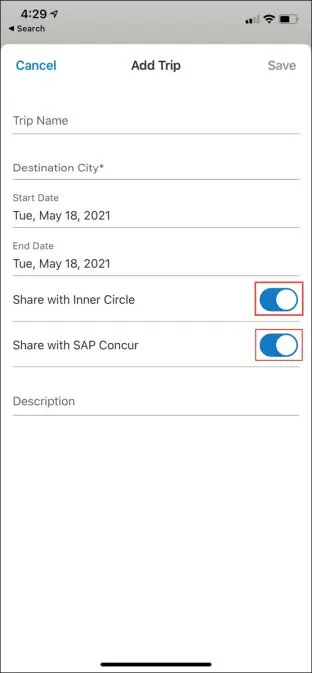 Complete the trip details and toggle Share with Inner Circle or Share with SAP Concur as needed. Tap Save. 
