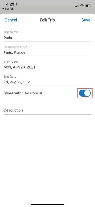 Toggle Share with SAP Concur and tap Save. 