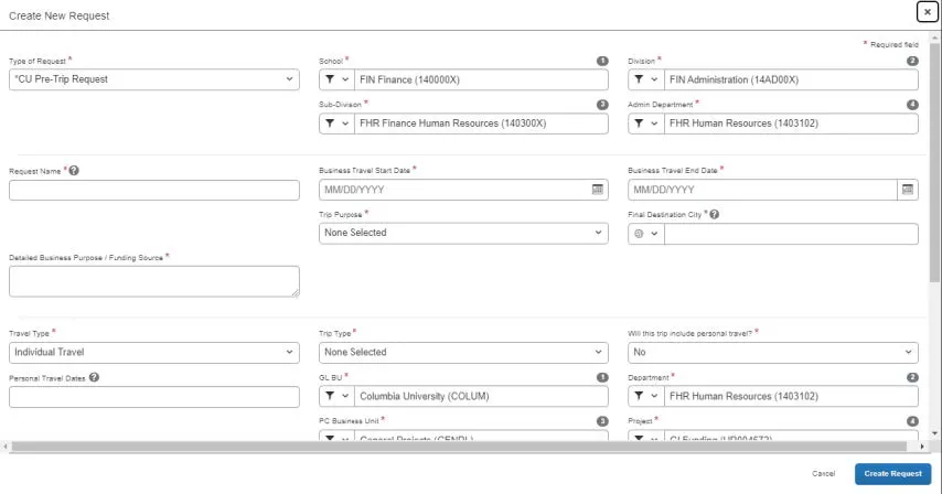 The Create New Request Details screen appears.