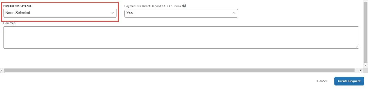 Scroll down the form below the ChartFields and select the Purpose for Advance from the dropdown.