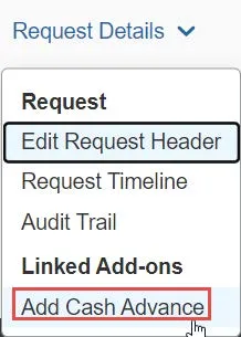 Click the Request Details dropdown and select Add Cash Advance.