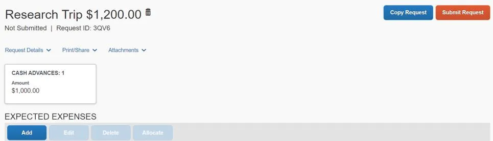 The Cash Advance appears on the Request screen.