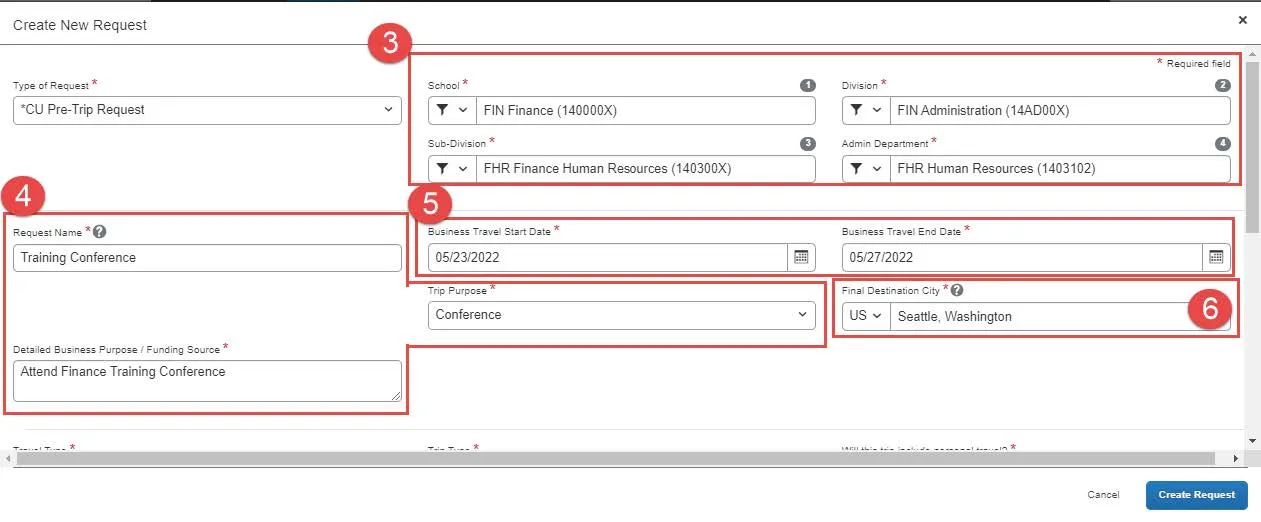 The Create New Request form appears. Complete the required Request Header fields indicated by a red asterisk