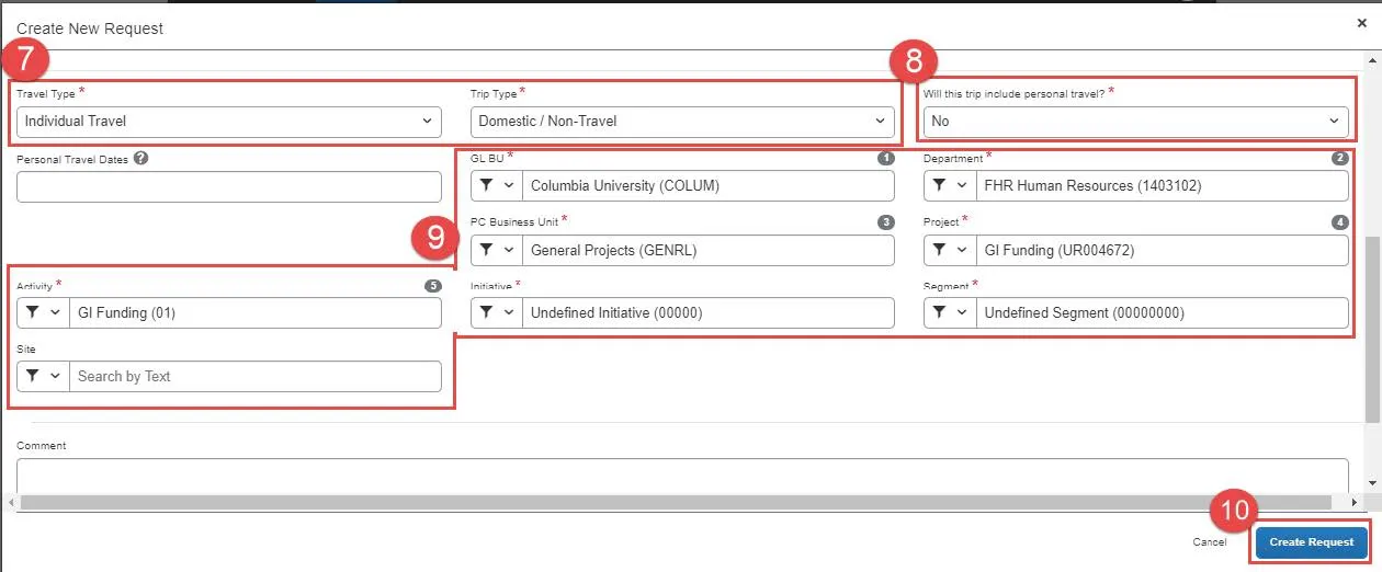 Select the Travel Type (Individual, Group, or Team) and Trip Type (Domestic or International).