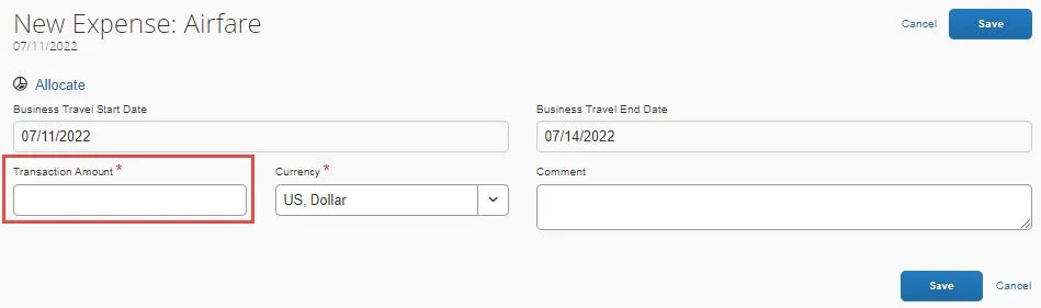 Search and select the type of Expense Type. The New Expense screen appears.