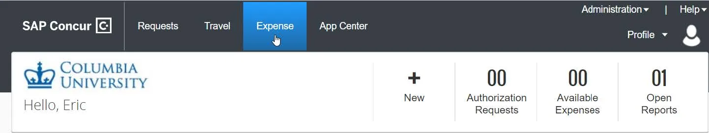 Log in to Concur and click the Expense tab.
