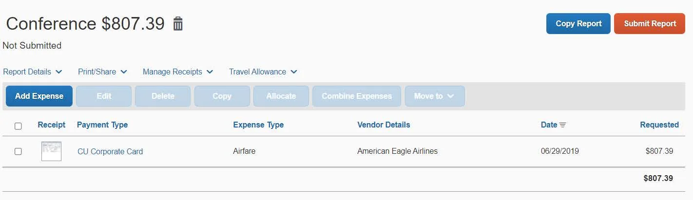 After adding all the Expense Items to your Expense Report, click Submit Report.