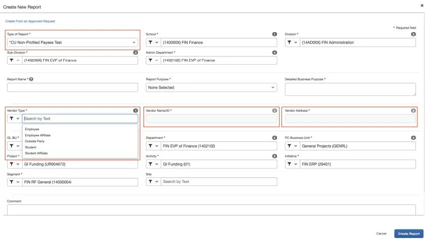 After creating a new Expense Report in Concur, click the Type of Report dropdown and select CU Non-Profiled Payee.