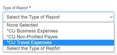 Click the Type of Report dropdown and select CU Travel Expenses.
