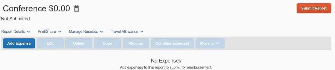 Click Add Expense to add a new Expense to your Report.