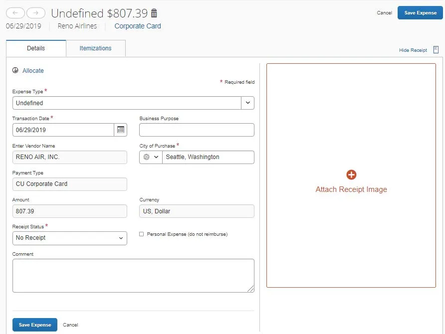 Click the Expense Item row to edit and complete the transaction details.