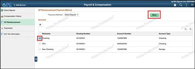 In the AP Reimbursement module, click the radio button for the desired Account from the list of accounts.