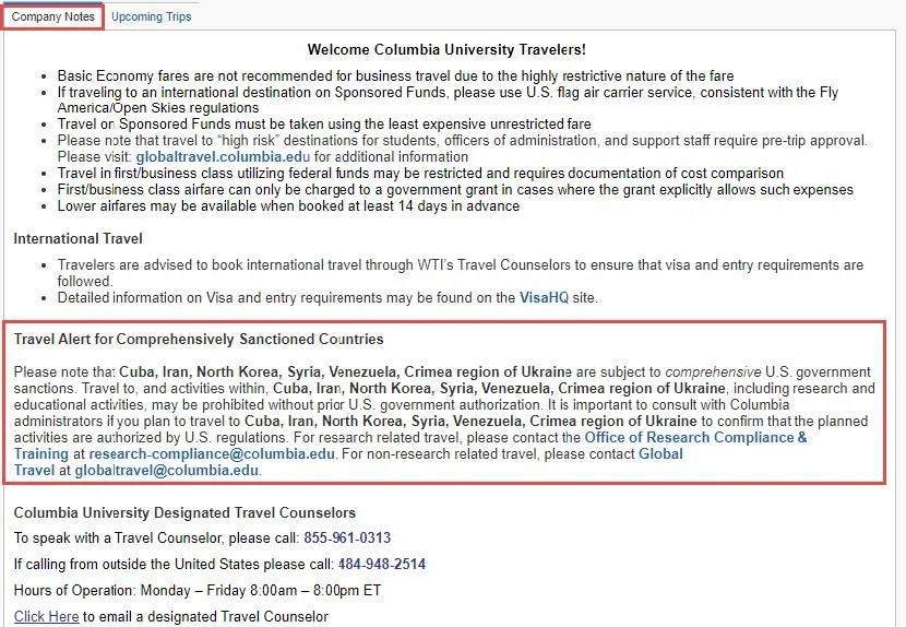 Log in to Concur, click the Travel tab and click Company Notes. 