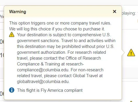 Notice the Alerts displayed with the Fares. Click to view the Alert regarding sanctions. 