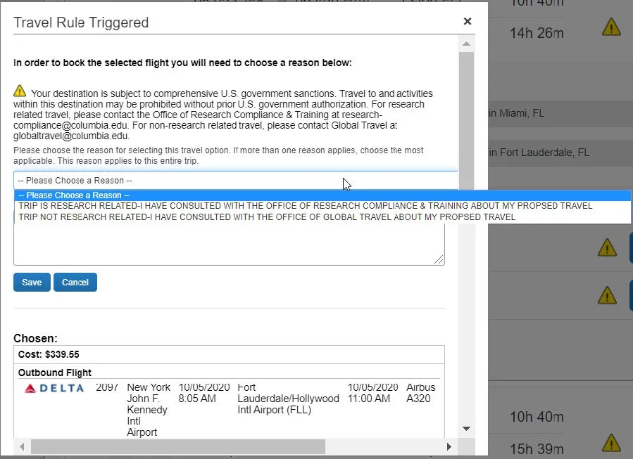 If you click a Fare to reserve it, you must Choose a Reason that applies to your Trip.