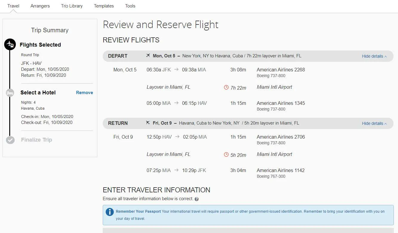 Continue to Review and Reserve Flight and other Trip details and proceed through the steps to purchase your travel.