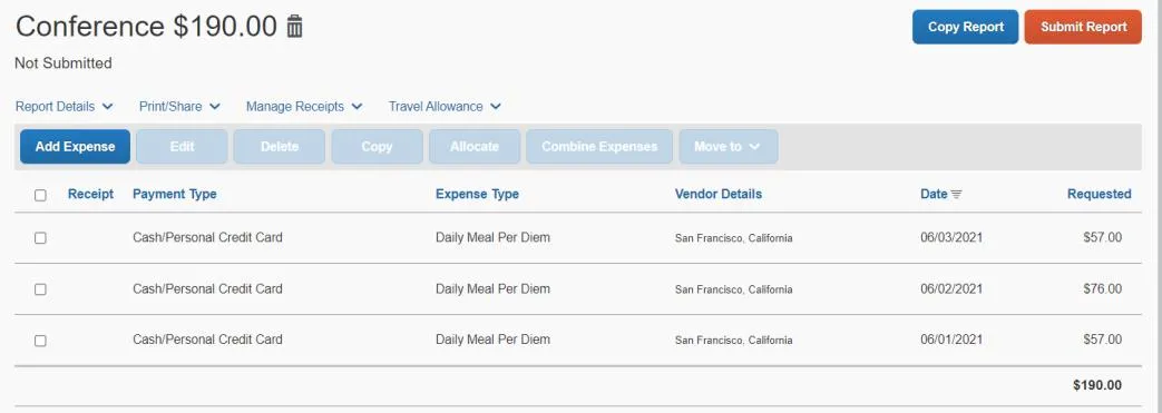 In the example below, Concur indicates the per diem rates for your three-day San Francisco business trip.
